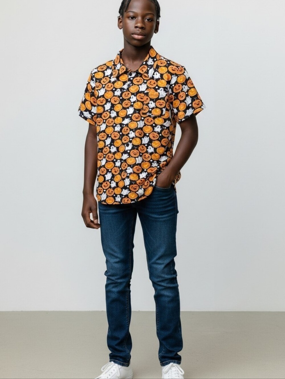 Unique Baby Shop Boys Halloween Button Up Shirt Size 10 Pumpkin Ghost Fall